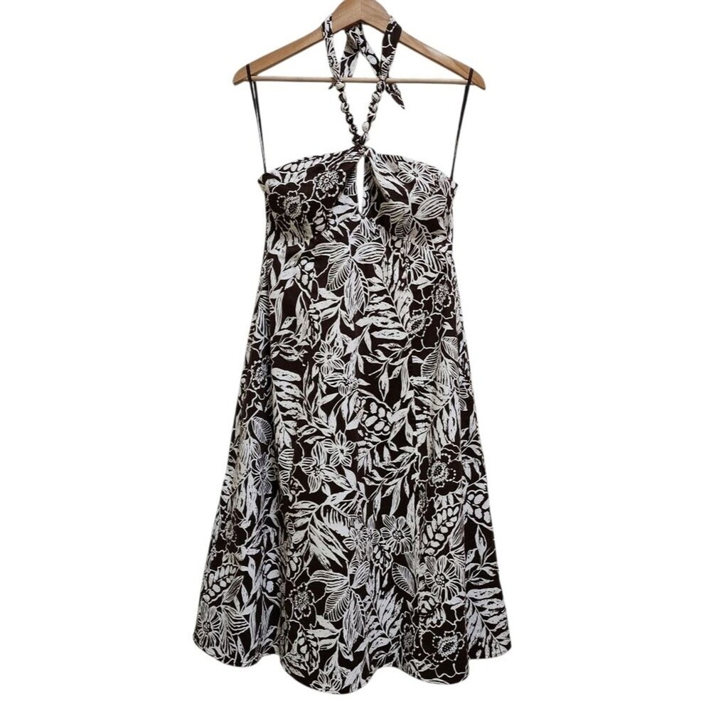 Robbie Bee Floral Halter Dress 12 Brown White Tropical Backless Zip Resort Beach